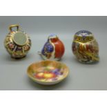 A Royal Crown Derby Imari ‘hod’, two Royal Crown Derby paperweights, owl and robin, both seconds,