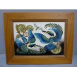 A Moorcroft picture tile, two Blue Birds, signed Philip Gibson, frame 41.5cm wide