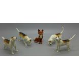 Four Beswick dogs and a fox, two dogs a/f