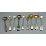 A collection of eight silver condiment spoons, 90g, and a plated mustard spoon