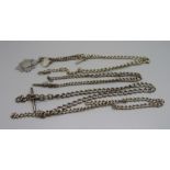 Three silver chains, two with T-bars, 67g, and a plated Albert chain with silver fob medal