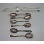 Two pairs of silver sugar bows and six silver spoons, 133g