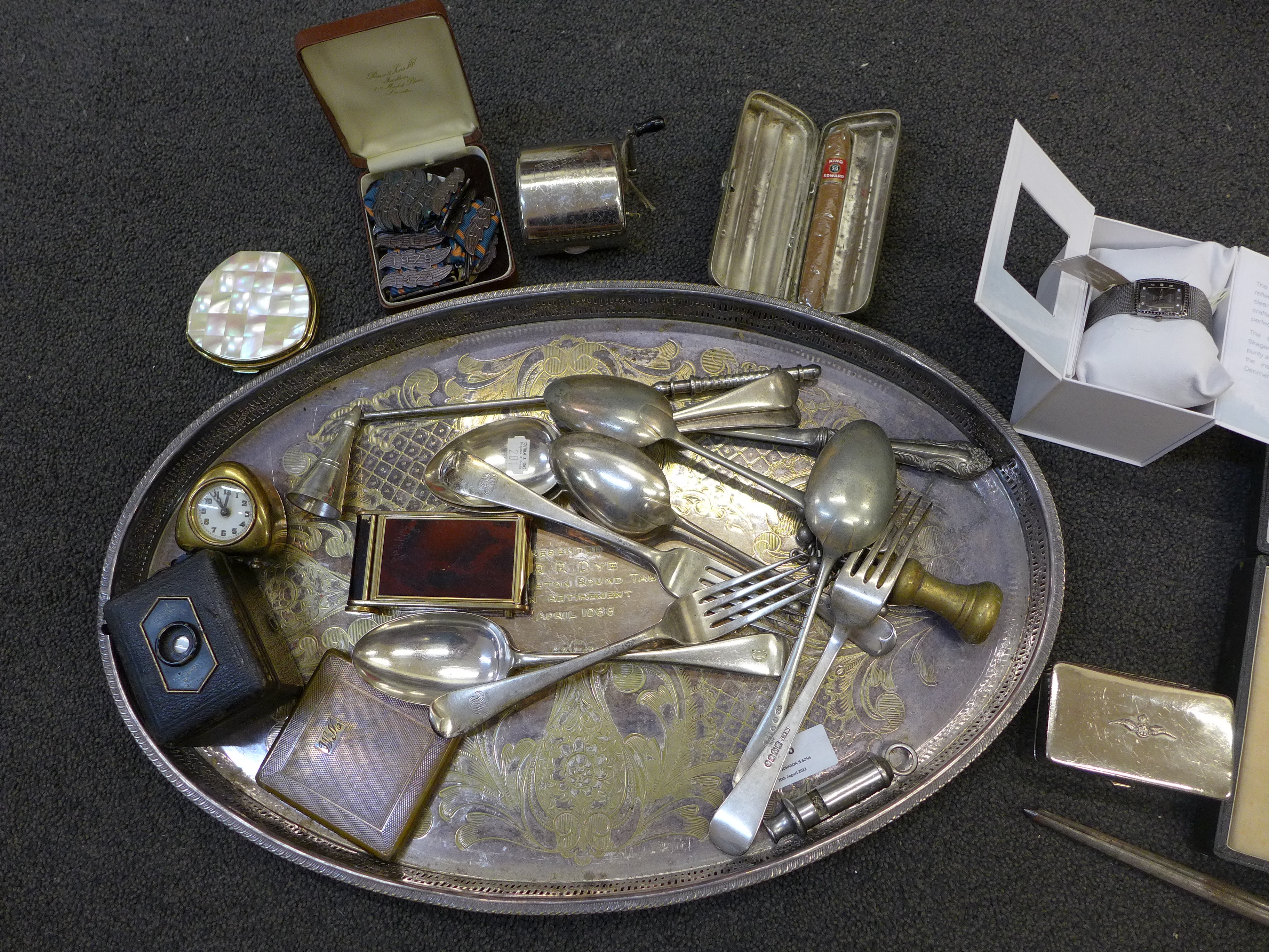 Assorted items; a small clock, a camera, a compact, a whistle, a cigar case, etc. - Image 2 of 2