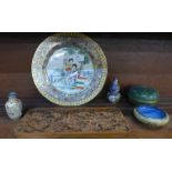 An Oriental plate, a wooden carving, a/f, and four items of cloisonné