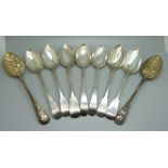 Three pairs of silver serving spoons, one pair by Hester Bateman and one pair by Peter & William
