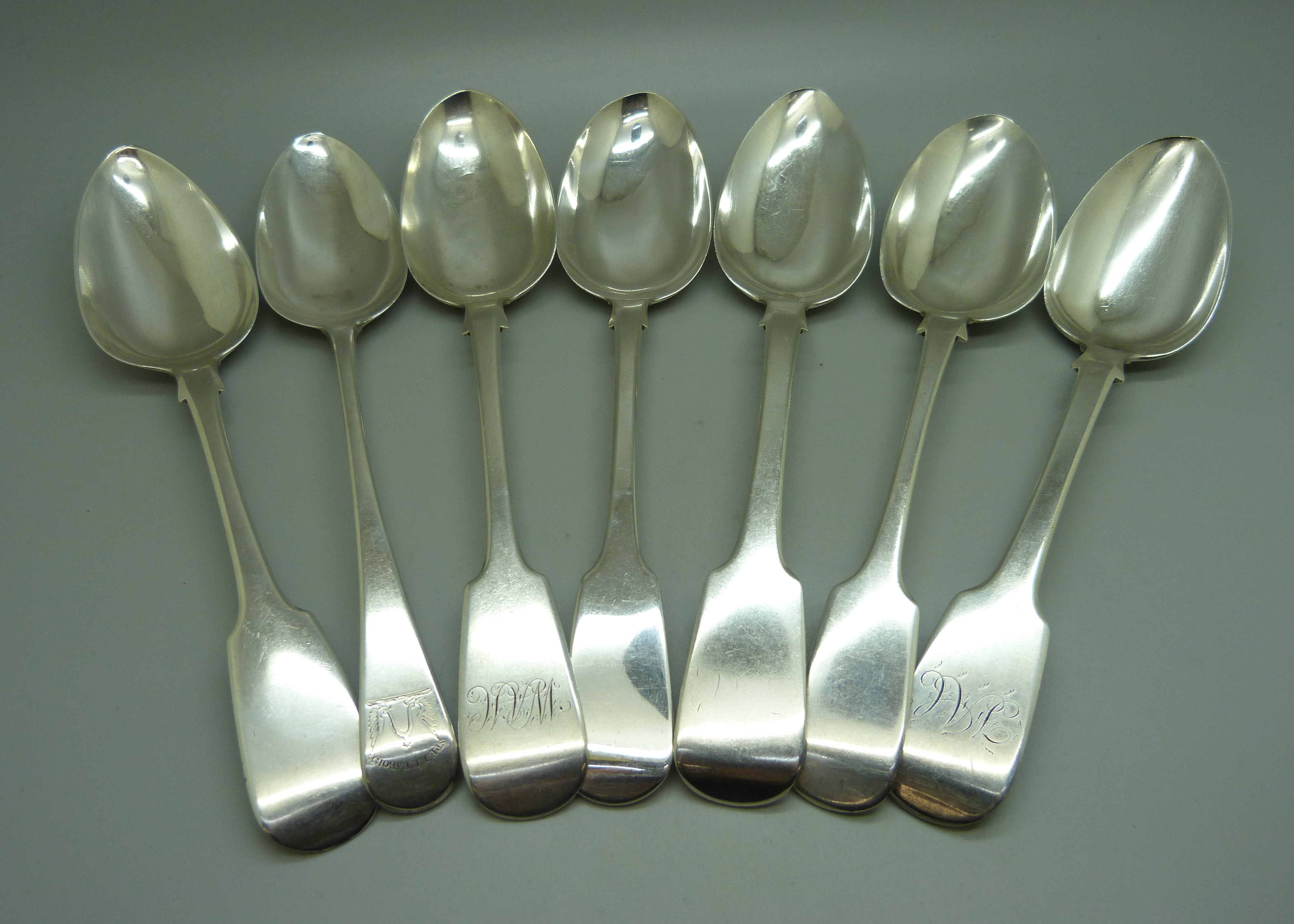 Seven 19th Century silver spoons, 480g