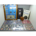 A collection of GB coin sets, framed American coins, Famous Presidents of the USA, a framed Elvis