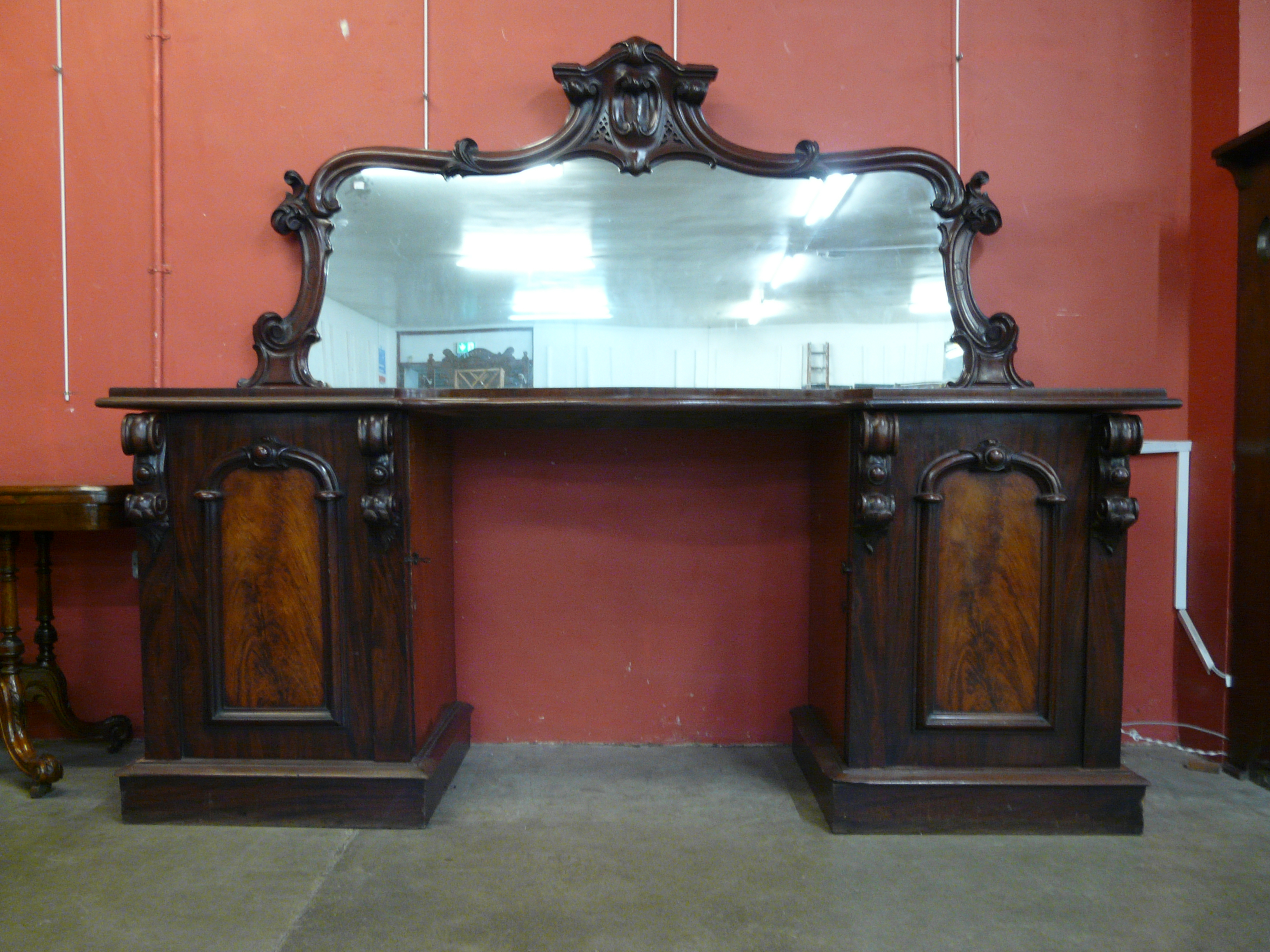 A Victorian carved mahogany mirrorback pedestal sideboard - Image 2 of 3