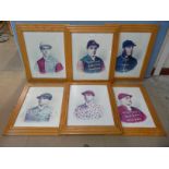 Six prints of jockeys, framed