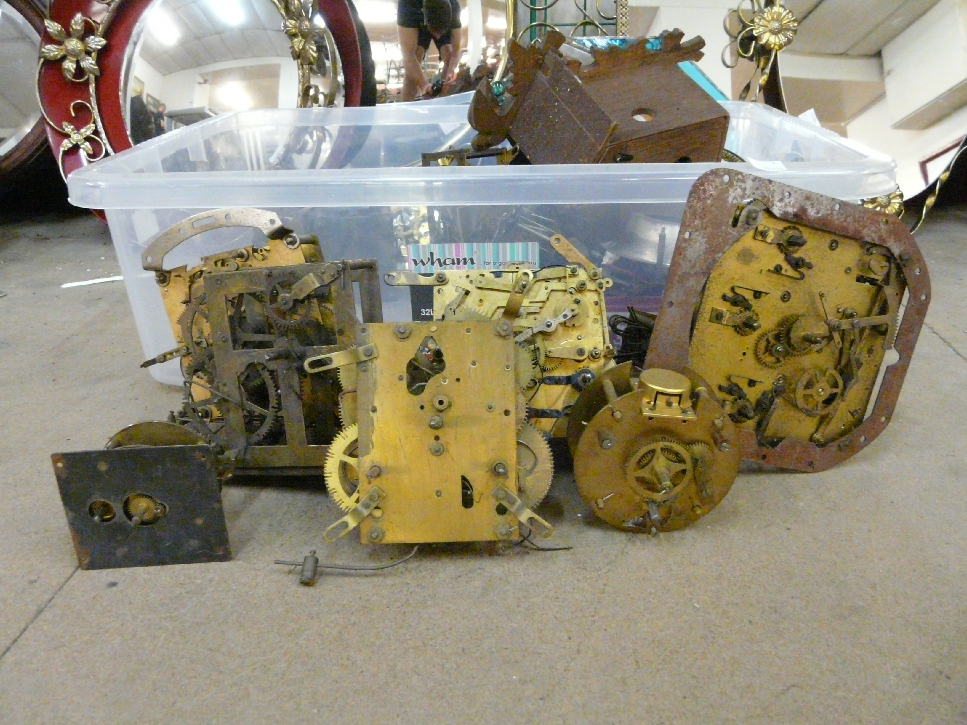 Assorted clock movements, parts, etc.