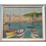 S.G., boats in a harbour, oil on board, framed and a small watercolour, rural landscape, framed