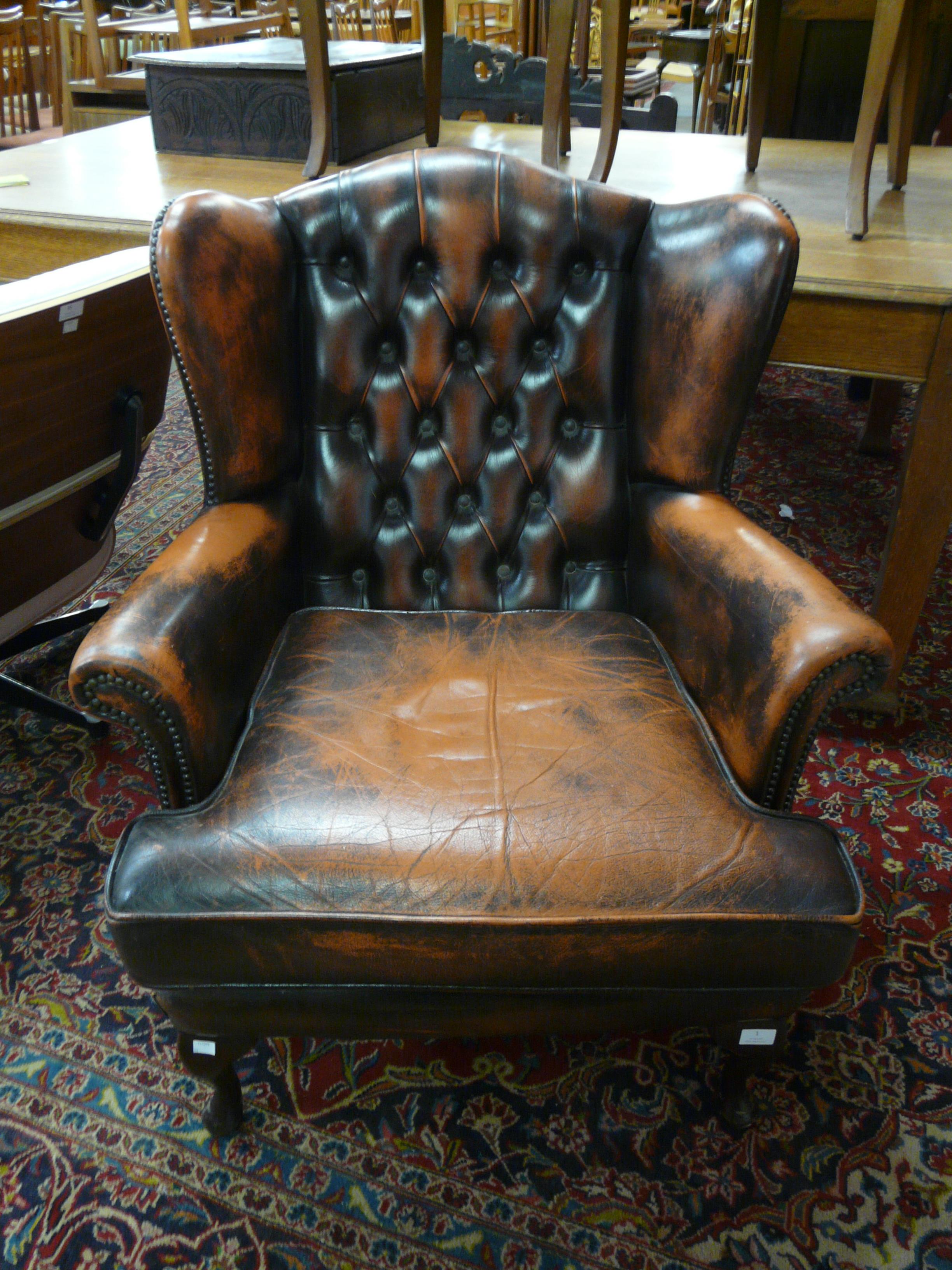 A tan leather Chesterfield wingback armchair - Image 2 of 2