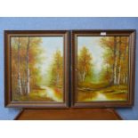 A pair of forest landscapes, oil on board, unsigned, framed