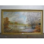 A river landscape with fisherman, oil on canvas, unsigned, framed