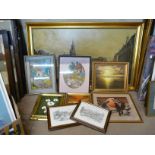 Five assorted oil paintings, prints and embroideries