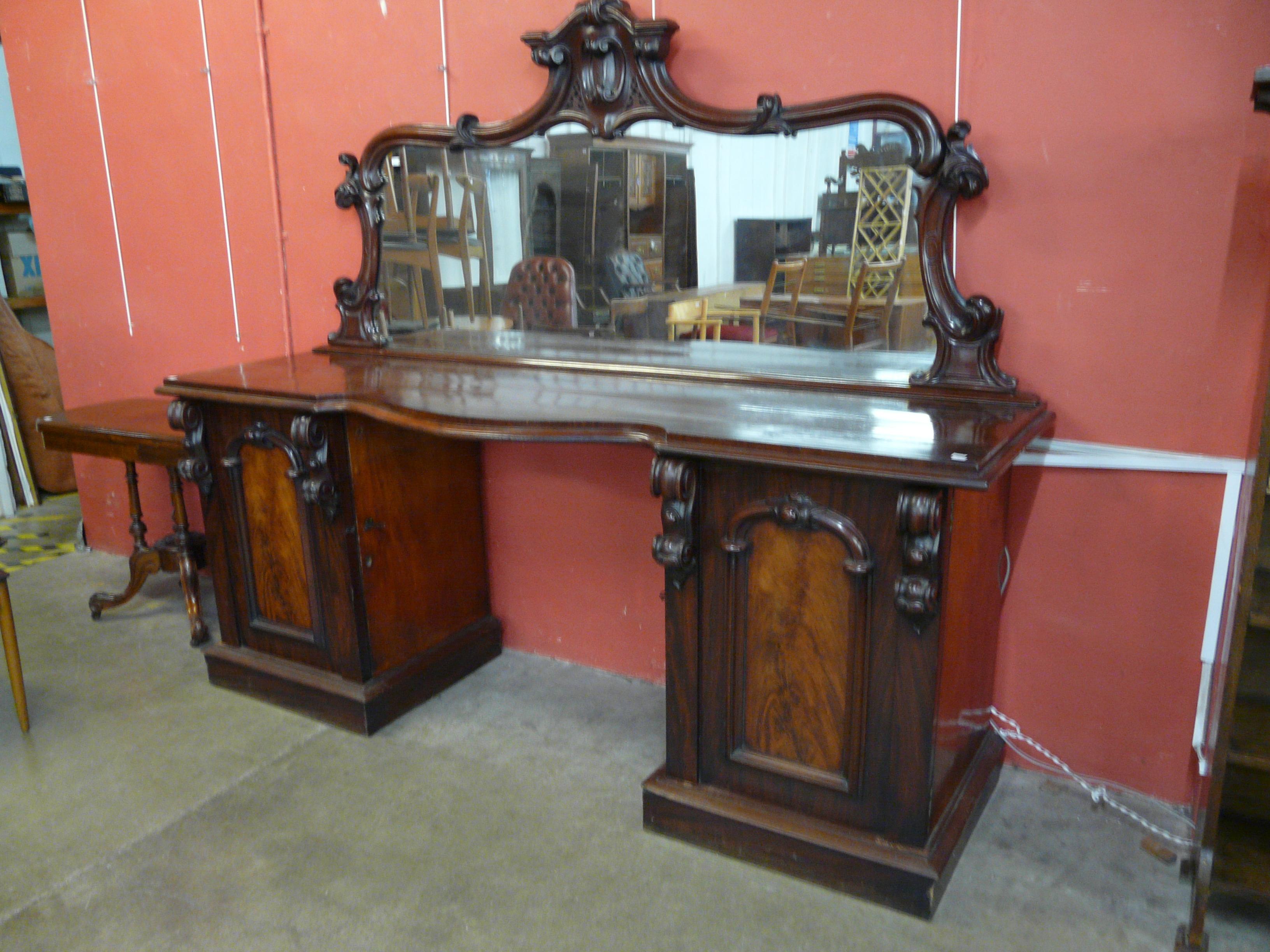 A Victorian carved mahogany mirrorback pedestal sideboard - Image 3 of 3