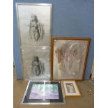 Five female nude prints, framed