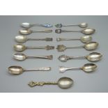 Eleven silver spoons, 129g, and two others