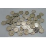 Fourteen Victorian silver one shilling coins, 71g, three 1920 to 1946 one shilling coins, 16g, and