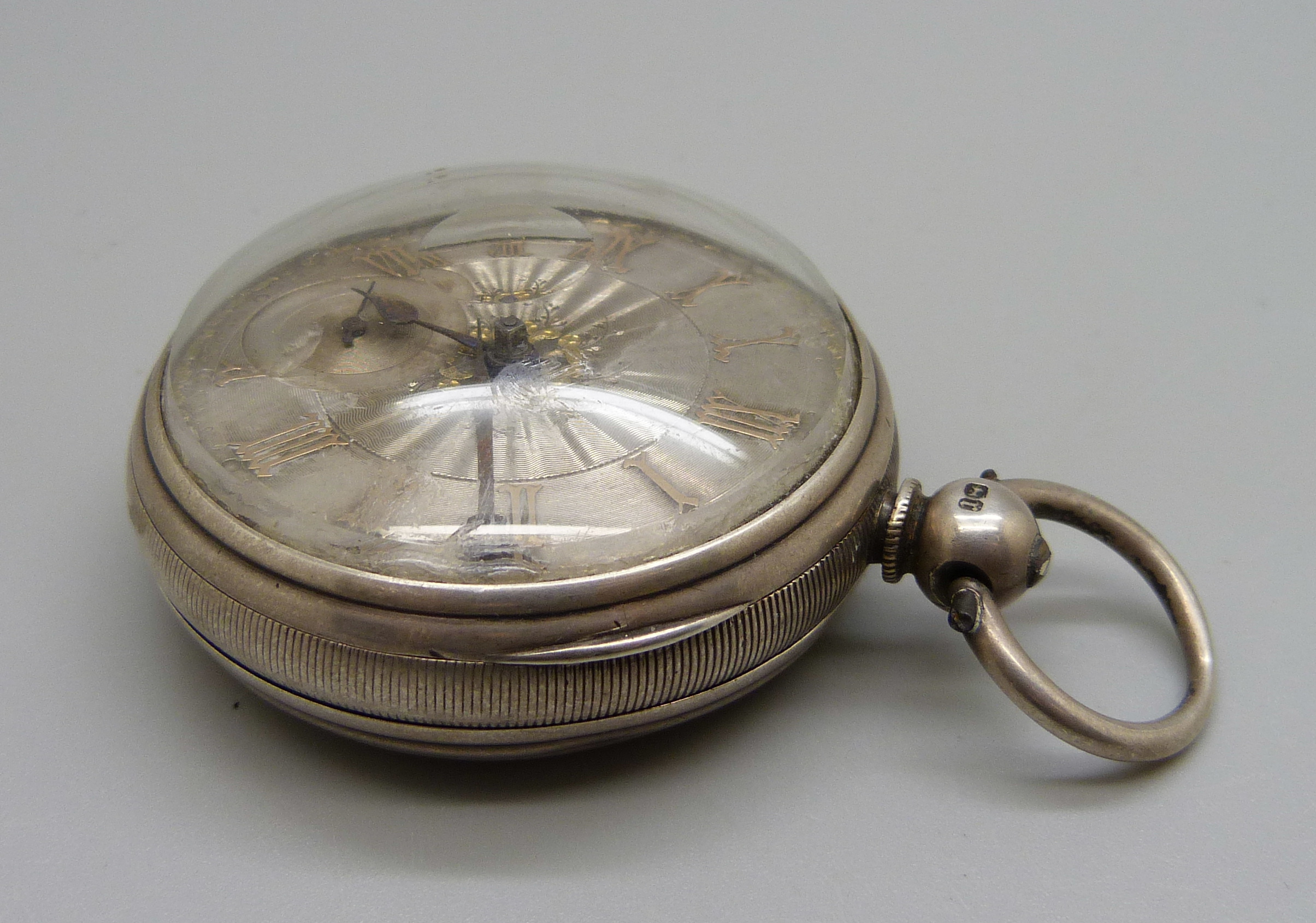 A silver cased fusee pocket watch with silver dial and raised gold Roman numerals, the movement - Image 2 of 6