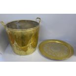 An Indian brass tray and a brass coal bucket