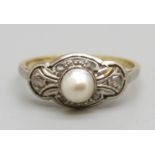 A yellow metal diamond and pearl ring, set with six old cut diamonds, 2.4g, M