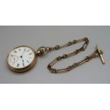 A gold plated Waltham pocket watch and a plated Albert chain