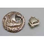 Two hallmarked silver Viking ship brooches, both Chester 1947 and Shipton & Co. Ltd., largest 39mm