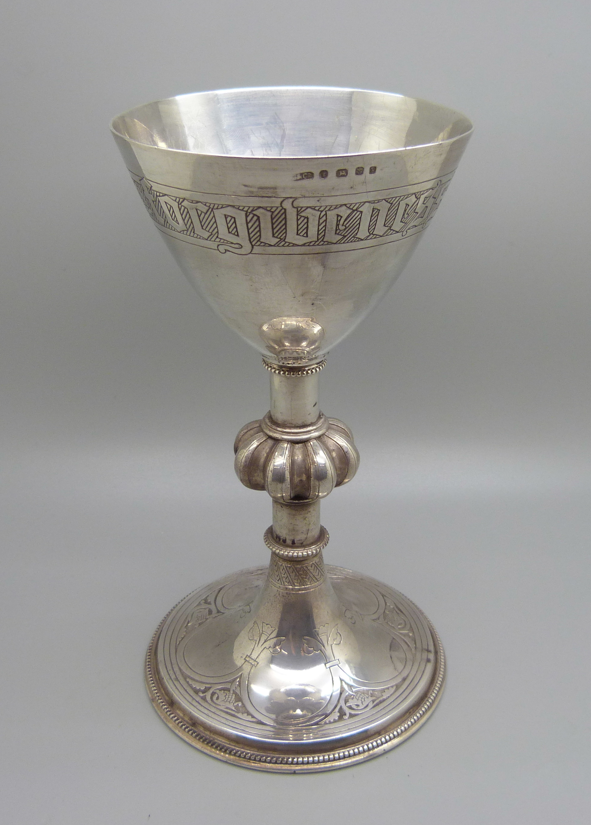 A Victorian silver chalice, 'The Forgiveness of Sins', Birmingham 1864, 328g, 20cm