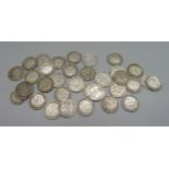 A collection of pre 1947 silver 3d coins, including some pre 1920, total weight 49g