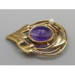 A 9ct gold Rennie Mackintosh brooch set with amethyst and pearl, 5.6g