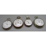 A Kay's silver pocket watch, a continental 800 silver fob watch and two chronograph pocket watches