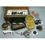 An Art Nouveau brass box with contents; cased set of gold plated studs, a collection of Victorian