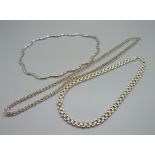 Three silver necklaces, 78g