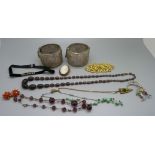 Costume jewellery including coral earrings, two filigree bangles, etc.