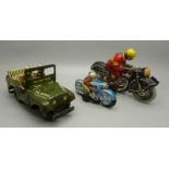 Three tin-plate toys, two motorcycles and a Military Police Jeep