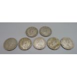 Seven half-crown coins, late 1940's to 1960's