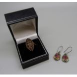 A 925 gilt and garnet ring and a pair of ruby and emerald earrings, ring size N