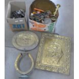 Two boxes of brass and other metalwares **PLEASE NOTE THIS LOT IS NOT ELIGIBLE FOR POSTING AND