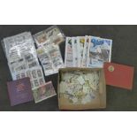 Cigarette cards;-box of cigarette and trade cards in album, on pages and loose