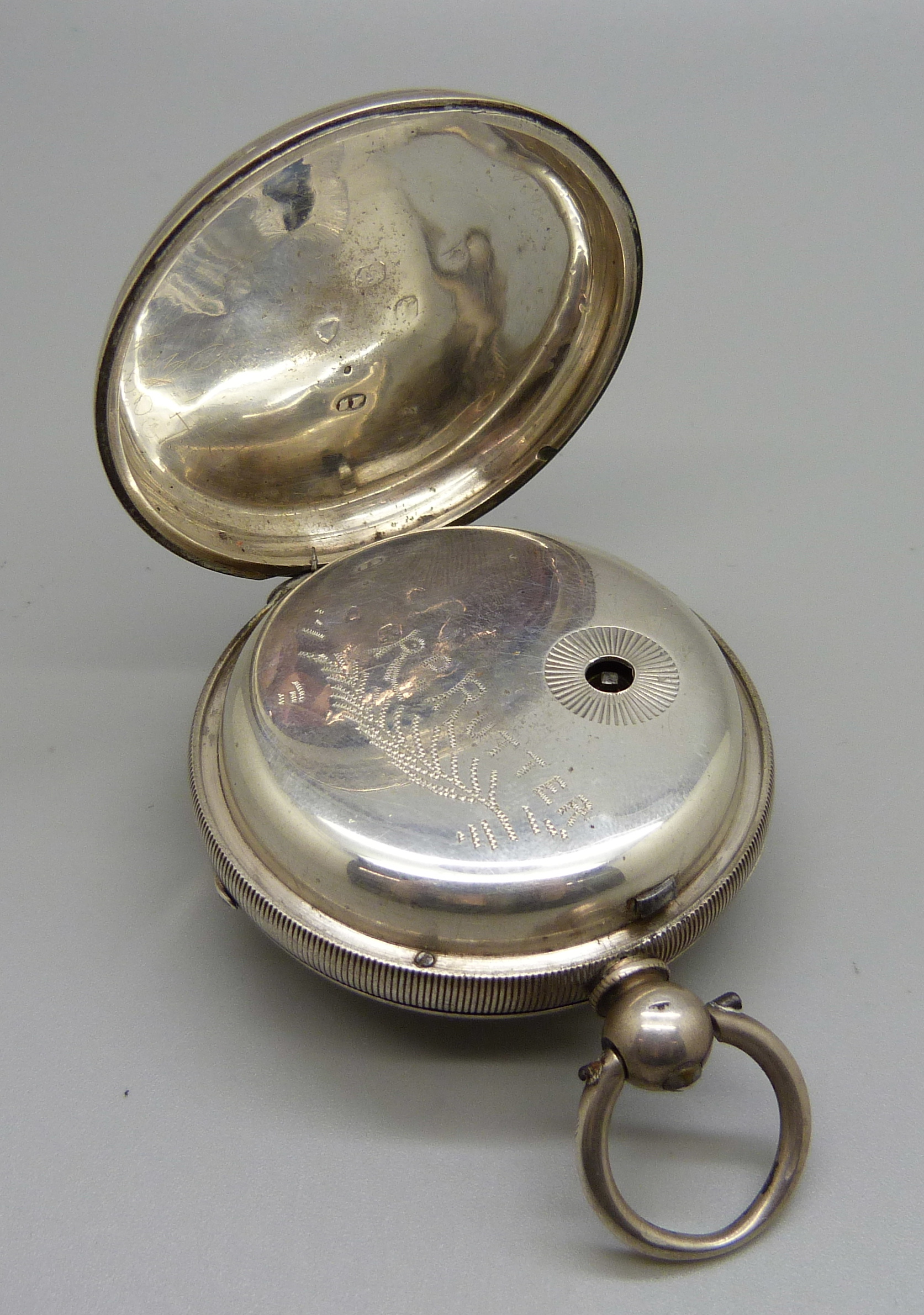 A silver cased fusee pocket watch with silver dial and raised gold Roman numerals, the movement - Image 6 of 6
