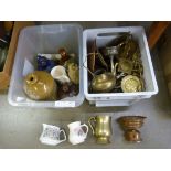 A box of metalware and a box with a stoneware bottle, two whisky decanters, etc. **PLEASE NOTE