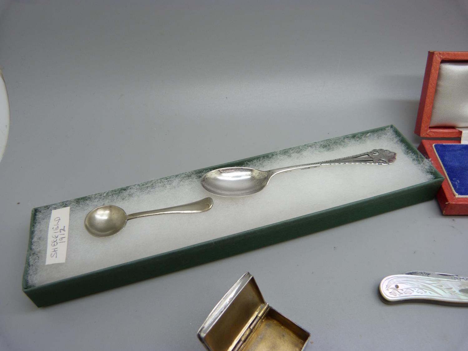 A silver pill box, two silver spoons, one cased, a Nevada silver condiment spoon and a silver and - Image 4 of 6