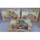 Three Airfix plastic model kits, white M3A1 Scout car, and two Bedford QL Gun Portee