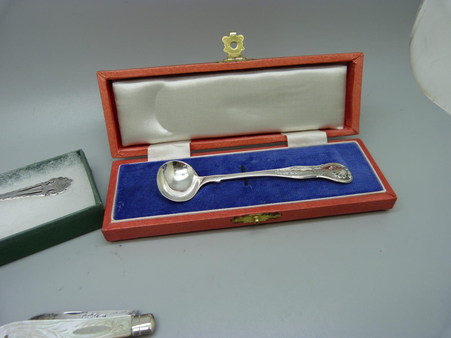 A silver pill box, two silver spoons, one cased, a Nevada silver condiment spoon and a silver and - Image 5 of 6