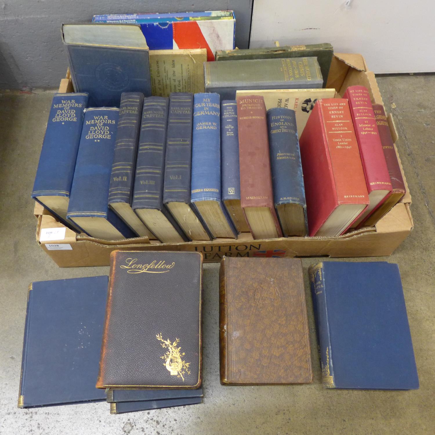 A collection of books including David Lloyd George, Winston Churchill, Ernest Bevin, Karl Marx,