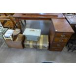 A vintage steamer trunk, an elm milking stool, a sewing box, etc. (9)