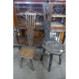 Two Arts and Crafts carved oak spinning stools