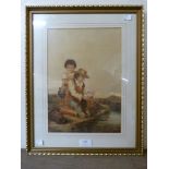 English School (19th Century), girl and boy by a rock pool, watercolour, framed