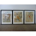 A set of three Chinese watercolours on silk, framed